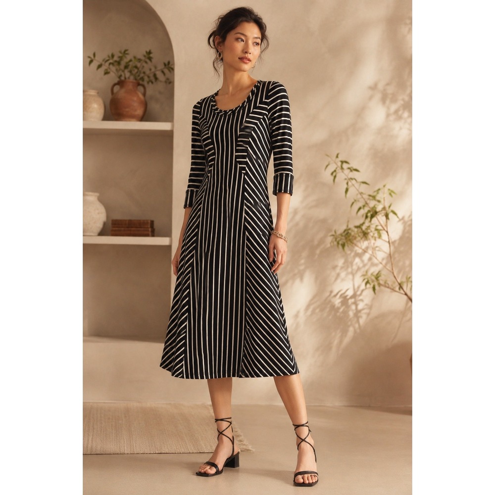 Saturday Sunday Anthropologie Midi Dress Size XS Women's LS Black White Stripes